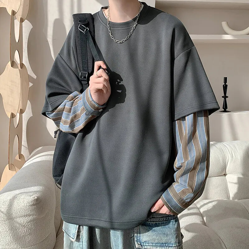 Voguable  plus Size Men's Striped Crew Neck Sweatshirt - M-XXXXXL Oversized Fit Fake Two-Piece Trendy Layered Look Long Sleeve Clothing voguable