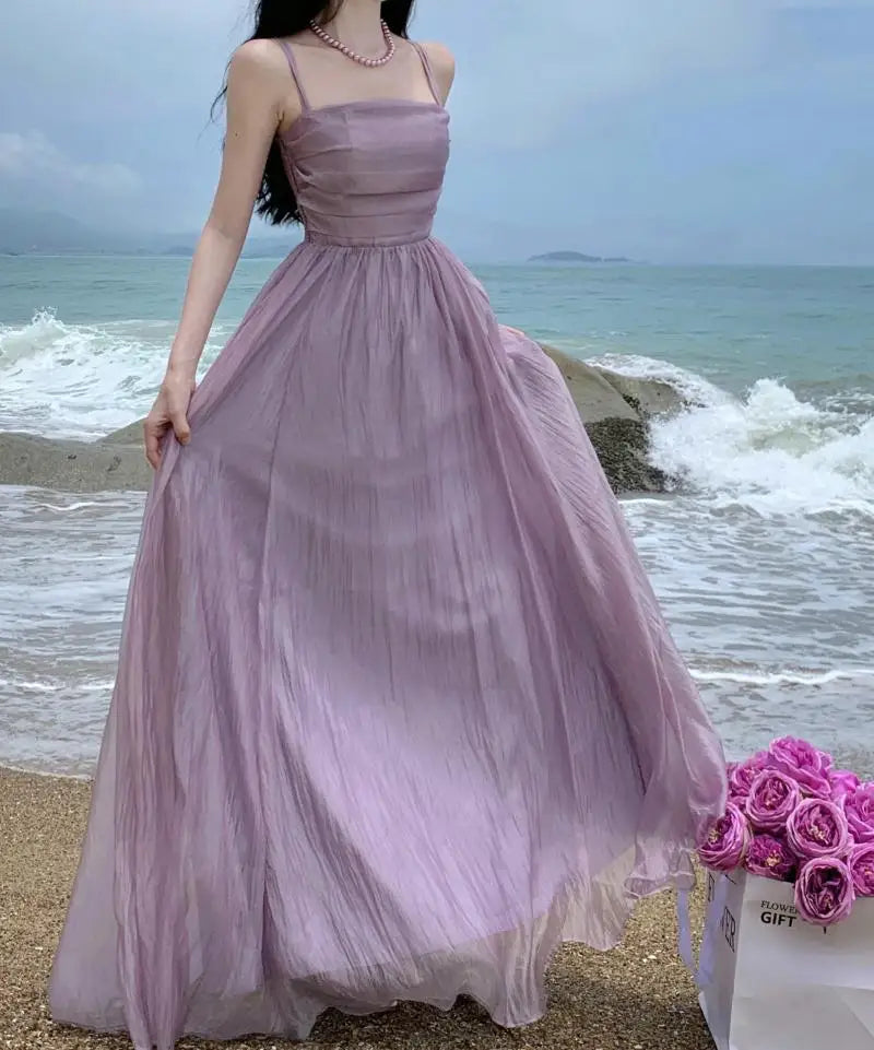 Voguable  Summer Purple Fairy Evening Party Long Dress Women Vintage Sexy Dresses Ladies Spaghetti Strap Tulle Pleated Dress Backless New voguable