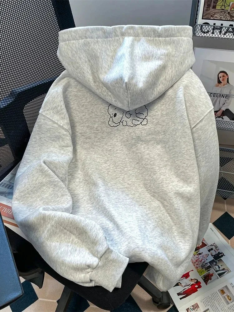 Cute Dog Cartoon Gray Hoodies Women Loose Long Sleeve Kawaii Sweatshirts Casual Vintage Preppy Style Fall Female Pockets Tops voguable