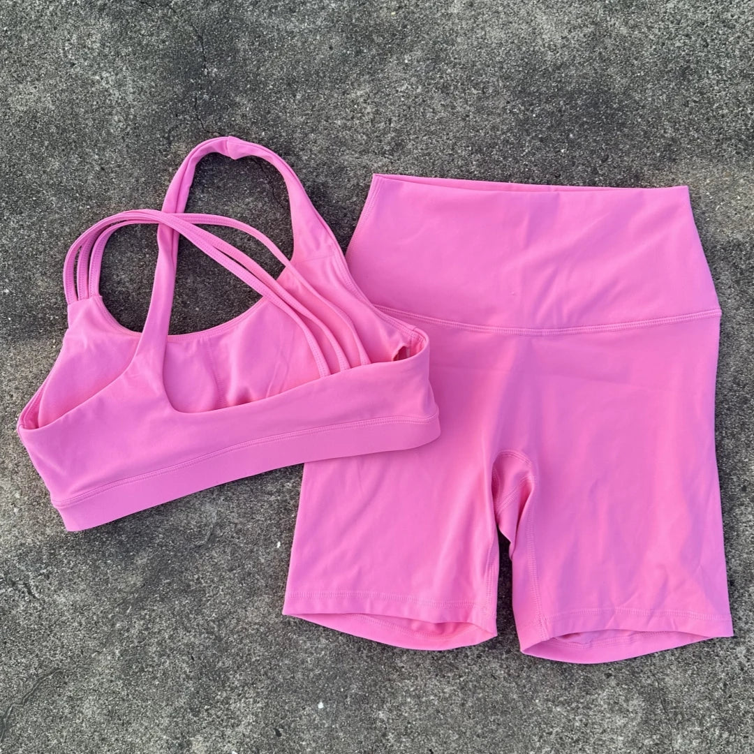 Voguable  Solid Color High Waist Gym Yoga Short Legging Set Tight Women Cross Back High Impact Shoulder Strap Fitness Bra Top Sportwear voguable