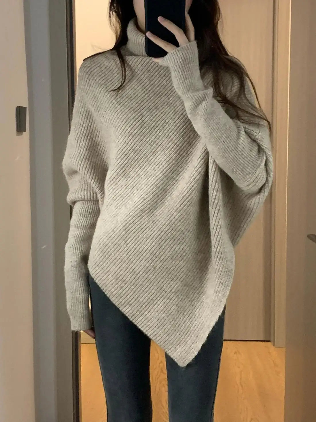 Autumn Winter New Women Sweater Korean Fashion Chic Casual Turtleneck Solid Asymmetr Loose Batwing Sleeve Pullovers Knitted Tops voguable