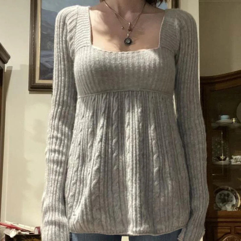 Vintage Babydoll Tops Pullovers Lady Aesthetic Coquette Knit Sweaters Outfit Autumn Square Neck Long Sleeve Knitwear Jumpers Y2k voguable