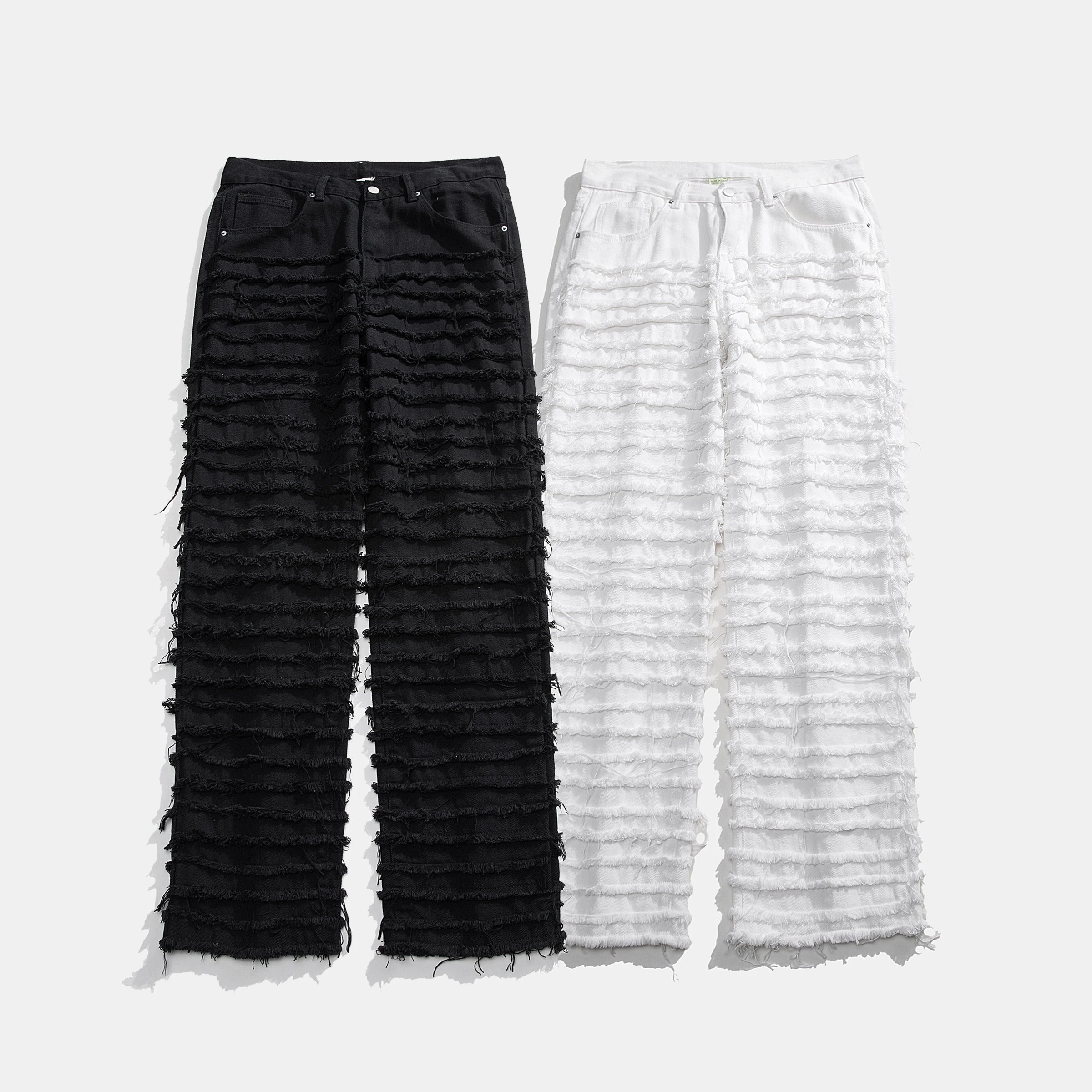White Hip Hop Jeans Striped Tassel Frayed Straight Baggy Jeans Pants Harajuku Male Female Solid Streetwear Casual Denim Trousers voguable