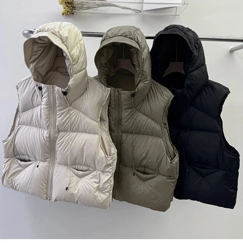 Vintage Y2K Puffy Vest Women Loose Sleeveless Warm Winter Cotton Vest Streetwear Casual Retro American Solid Hooded Vest voguable