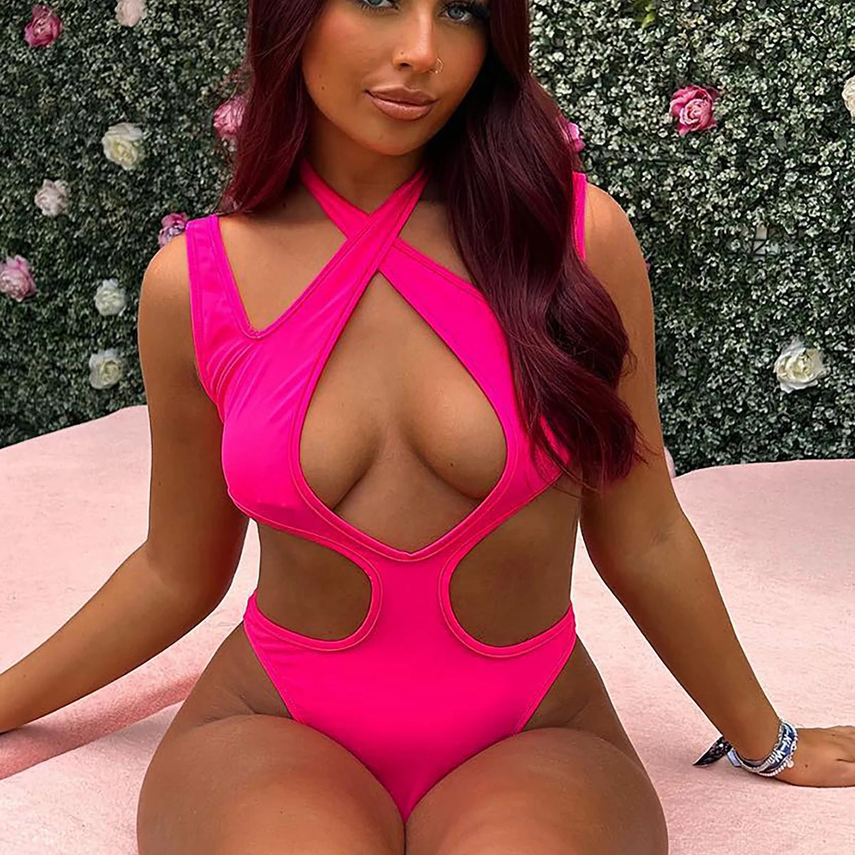 New Hollow One Piece Swimsuit  Sexy Swimwear Women Off The Shoulder Swimsuit Halter Swim Suit Solid Print Beach Wear Female voguable