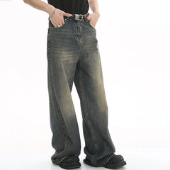 Voguable Old Male Pants Summer Blue Washed Men Denim Jeans Straight Casual Menwear Loose Wide Leg Trousers 2024 New Fashion voguable