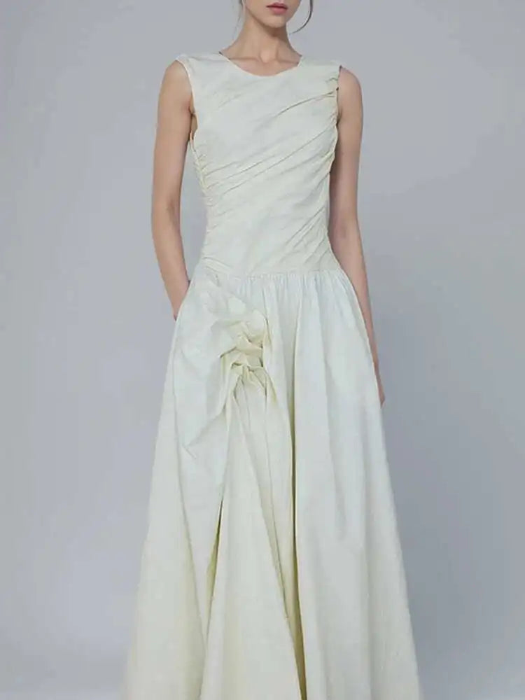 Solid Fold Design Long Dresses For Women High Waist Round Neck Sleeveless Elegant Dress Female Autumn 2025 New voguable