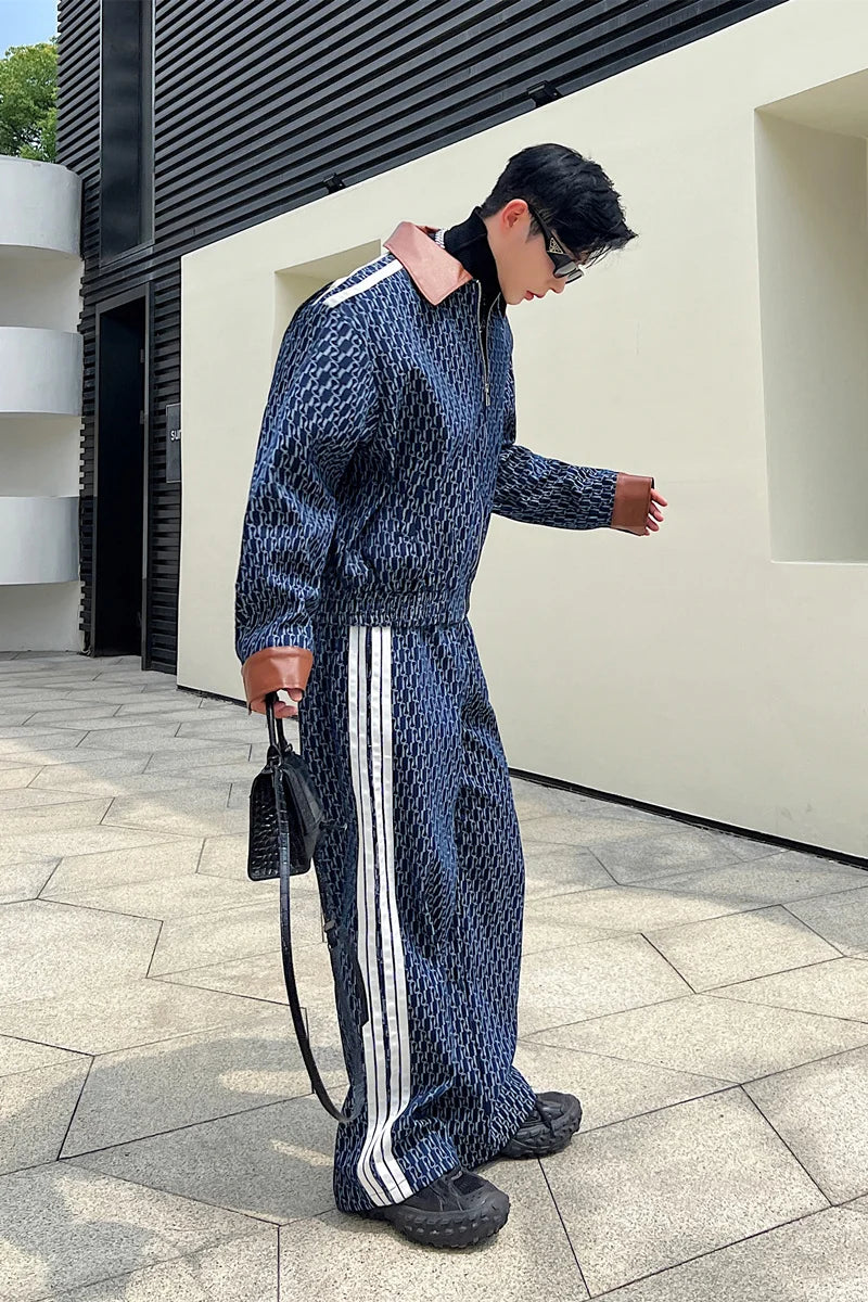 Voguable Spring New Men's Two Piece Printing Denim Jackets Sets Korean Style Loose Straight Jeans Classic Street Short Coat voguable