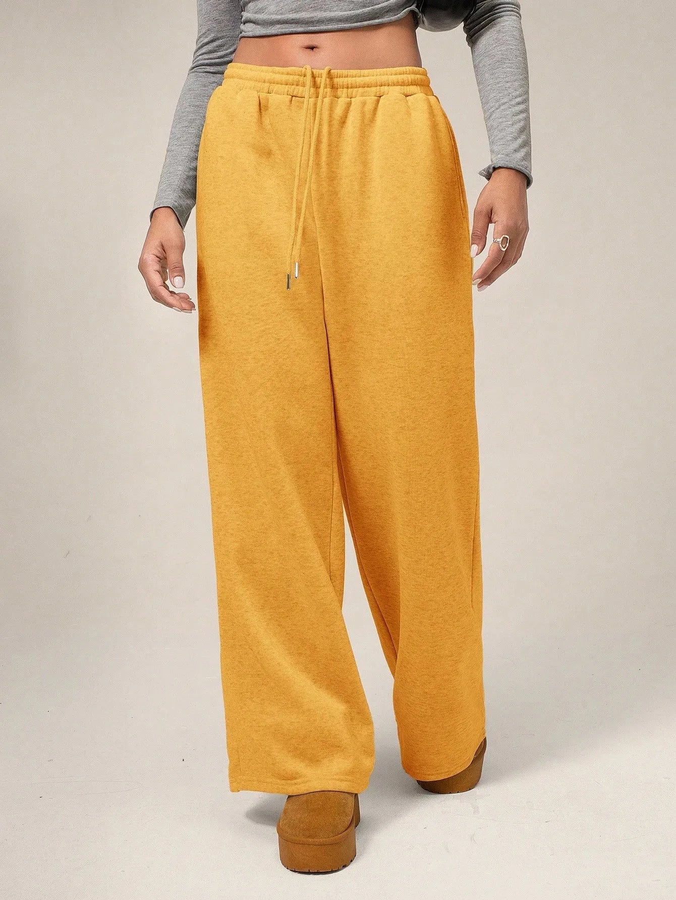 Voguable  High Waisted Drawstring Solid Color Loose Fit Women's Wide Leg Pant Autumn and Winter New Simple Straight Leg Pants Fashion voguable