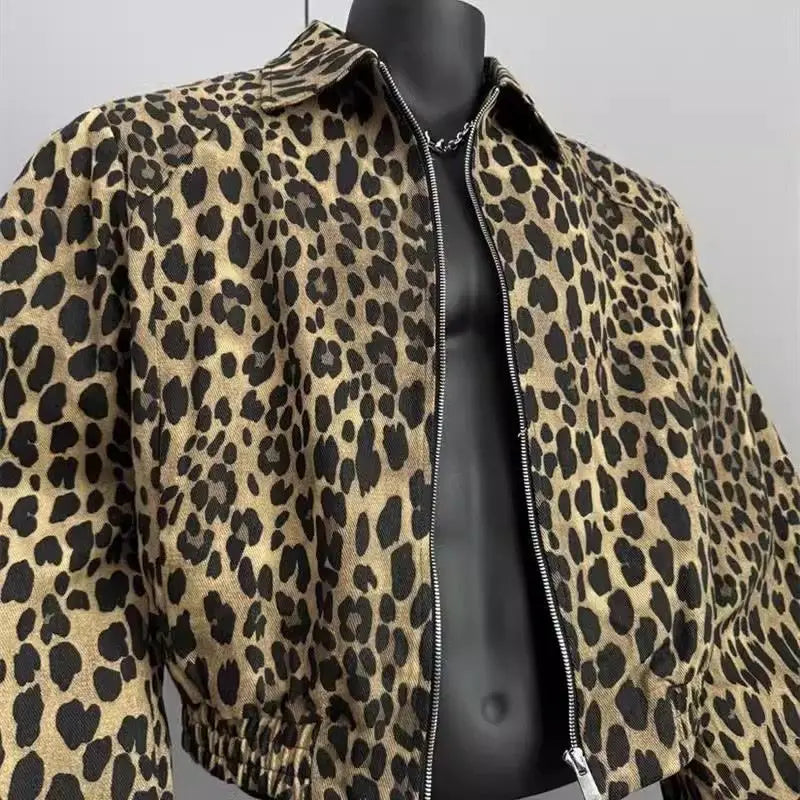 American Retro Leopard Print Jacket Men's Korean Style Style High-end Handsome Short Jacket Trendy High Street Style Denim Top voguable