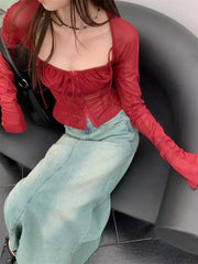 Voguable Burgundy Mesh Tops Long Sleeve Lace Up Square Collar T Shirt Women Crop Top Spring Summer Grunge Y2k  Chic Tops Streetwear voguable