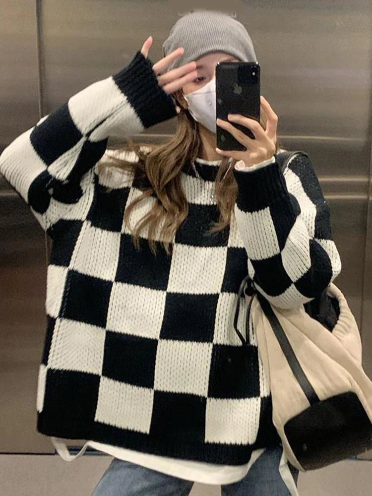Voguable  Japan Vintage Women Plaid Sweater Oversize Loose Lazy Wind Knitted Pullover Preppy Style Casual Harajuku Fall Winter Top voguable