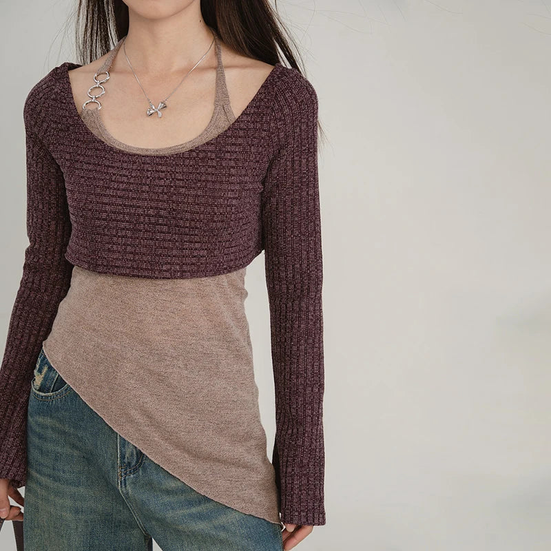 Voguable  Women Solid Color Tank Tops Tie-Up Halter Neck Sleeveless Backless Vests with Long Sleeve Crop Tops Knit Smock Cover-Ups voguable