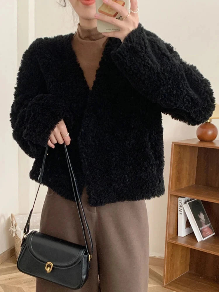 Winter Vintage Women Faux Lamb Coat Warm Soft Long Sleeve V Neck Sweet Jacket Retro Simple Solid Korean Female Preppy Style Tops voguable