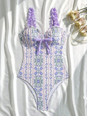 Voguable  Sexy Ruffles Print Bow One Piece Swimsuit Women Beach Vacation Bikini New All Season Backless Tight One Piece Swimsuit voguable