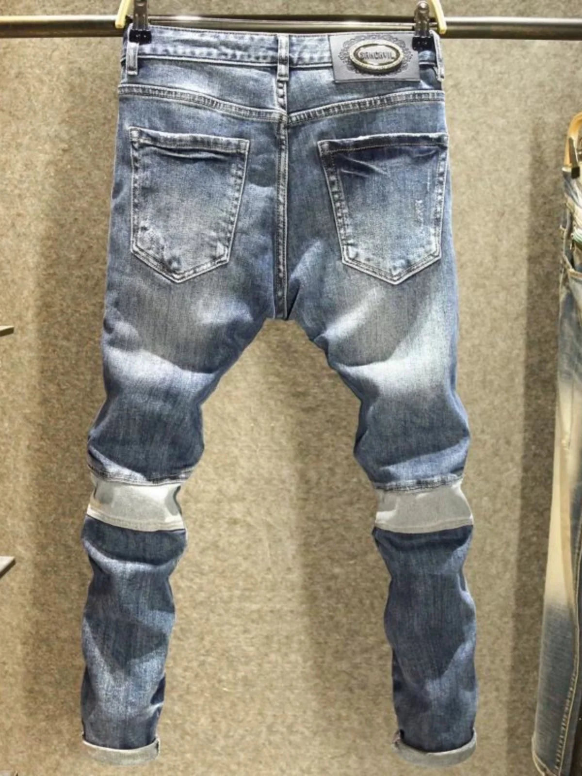 Voguable  Fashionable Workwear Jeans Men's Slim Fit High Street Trend Patchwork Long Pants New Arrival Youth Casual High Waist voguable
