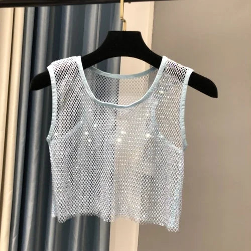 Voguable  Hot Girl Y2k Small Vest Summer New H Vest with Short Vest and Shiny Women's Round Neck Top voguable
