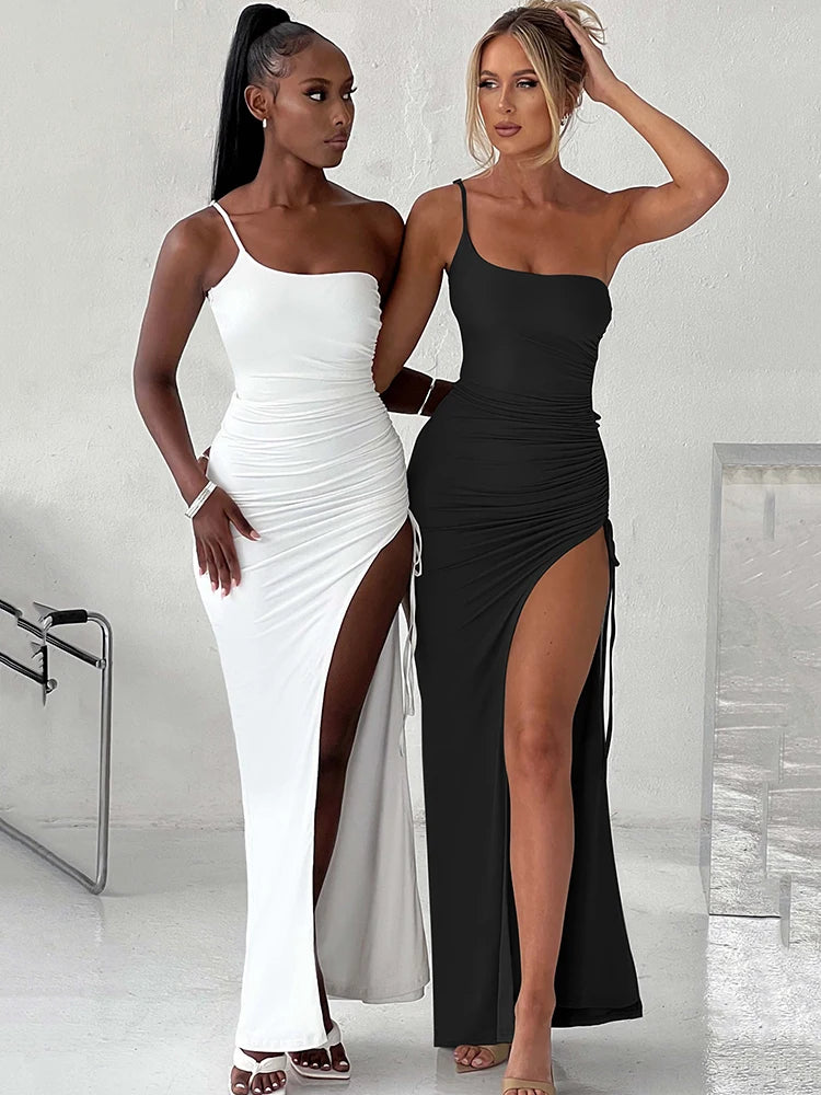 Drawstring High Slit Dress Women Sexy One Shoulder Slim Elastic Maxi Bodycon Party Pleated Vestidos Female Dresses voguable