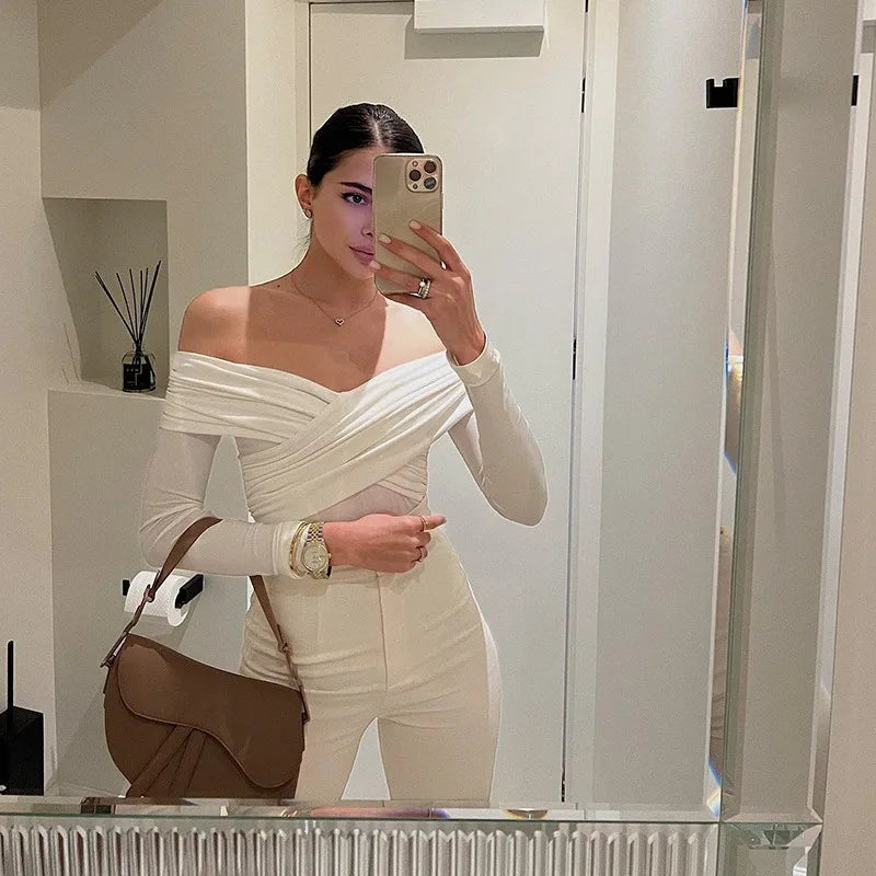 Red Sexy Off Shoulder Women's Bodysuits Fashion Crossed Folds Skinny Rompers Long Sleeve Fashion Streetwear Autumn Bodysuits New voguable