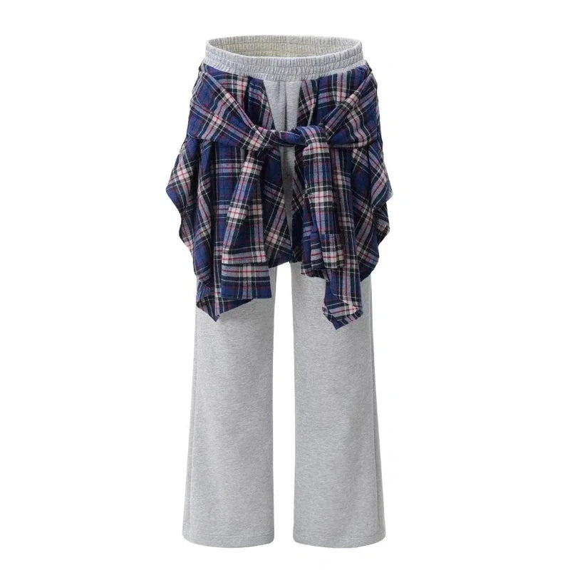 American Trend Plaid Patchwork Skirt Hem Sweatpants Autumn Women Elastic High Waist Fashion Loose Wide Leg Floor Length Trouser voguable