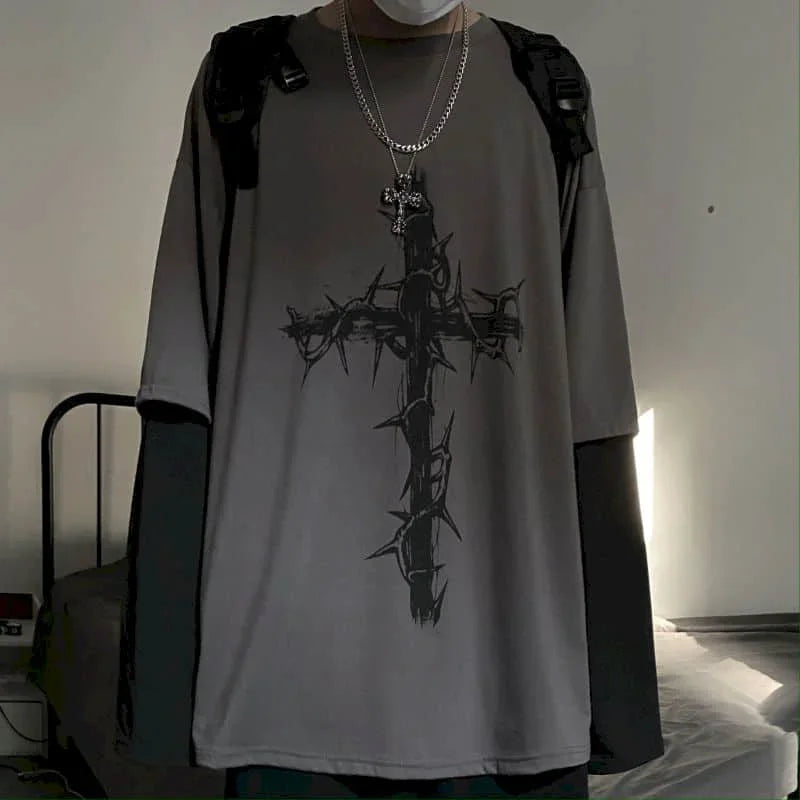 T-shirt Cross of Thorns fake two-piece for men women long-sleeved dark hip-hop loose large size autumn new trend top Simplicity voguable