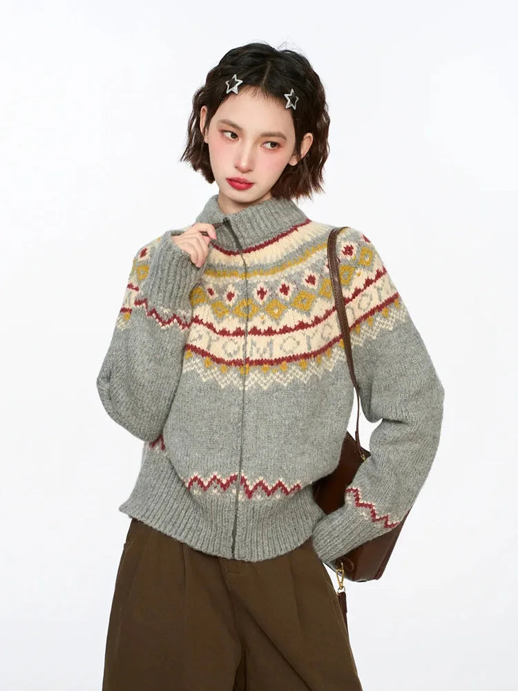 Vintage Harajuku Print Cardigan Sweaters Women Soft Streetwear Long Sleeve Knitted Jacket Retro American Casual Zipper Gray Tops voguable