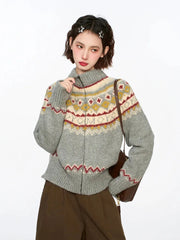 Vintage Harajuku Print Cardigan Sweaters Women Soft Streetwear Long Sleeve Knitted Jacket Retro American Casual Zipper Gray Tops voguable