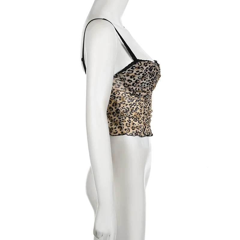Voguable   Vintage Leopard Print Crop Top Sexy Contrast Color Bow Lace Patchwork Camis Sexy Night Party Club Wear Grunge Corset voguable