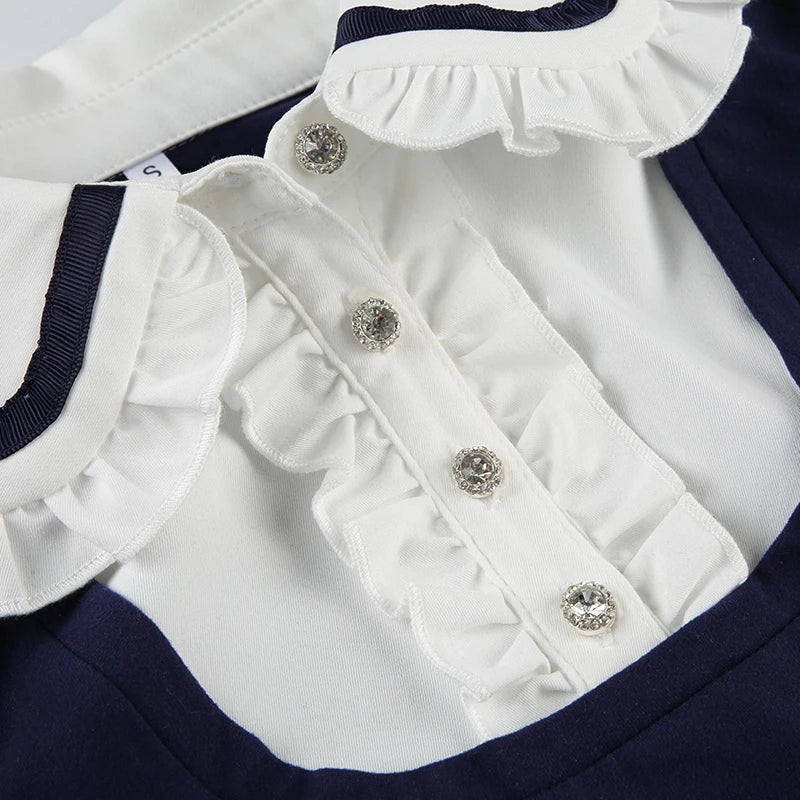 Voguable Preppy Style Contrast Patchwork Bow Peter Pan Collar Top Women's Summer Cute Puff Sleeve T-shirt Y2K voguable