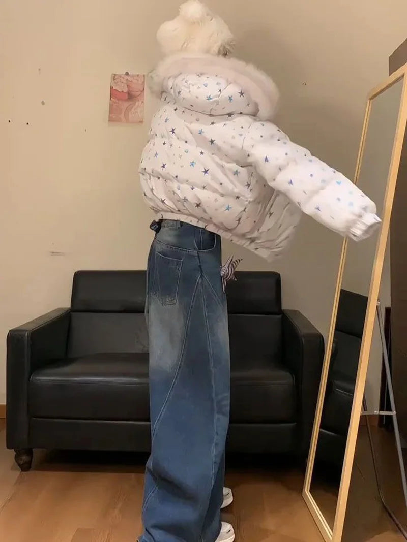 Women Winter Stars Sweet Parkas Fashion Hooded Warm Cute Puffy Coat Japan Long Sleeve Loose Female Preppy Style Chic Jacket New voguable