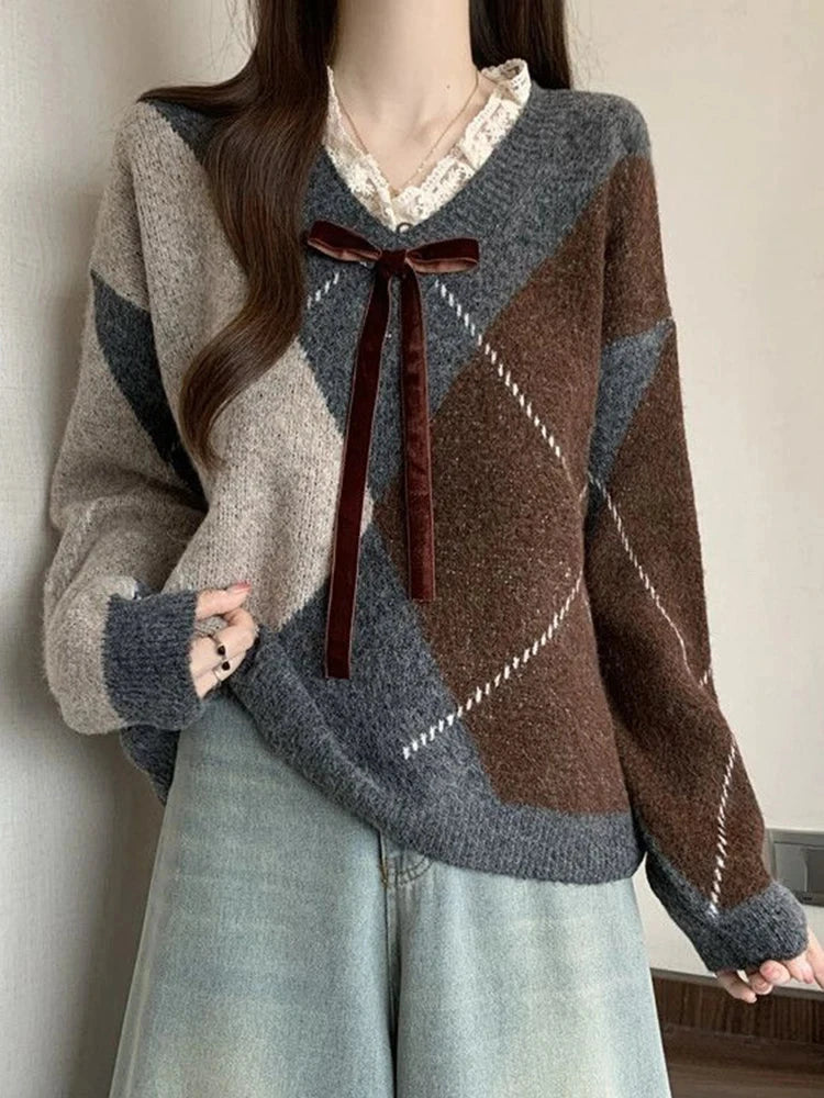 Sweet Bow Argyle Sweaters Women Retro Preppy Style Loose Knitted Pullover Lace Patchwork Long Sleeve Female Vintage Jumpers Fall voguable