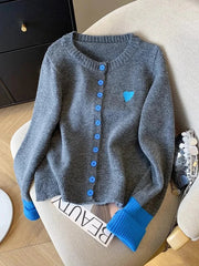 Vintage Love Print Cardigan Women Lazy Wind Patchwork Long Sleeve Knitted Sweaters Casual O Neck Fall Retro Korean Female Tops voguable