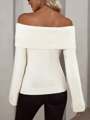 Off Shoulder Slim-Fit Sweater, Elegant Solid Color Long Sleeve Sweater For Fall & Spring, Women's Clothing voguable