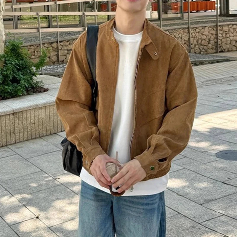 Khaki Cargos Stand Collar Jackets Men's Japanese Retro Streetwear Fashion Solid Color Zipper Long Sleeve Coats Autumn Clothing voguable