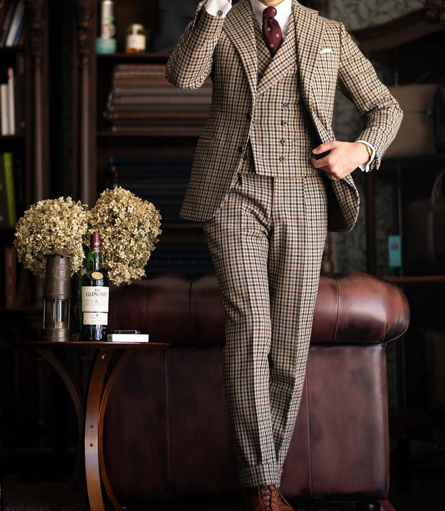 Burgundy Black Green 3 Color Small Square Thousand Bird Man‘s Suit Set Outfit Notch Lapel Blazer Trousers 3pcs Jacket Pants Vest voguable
