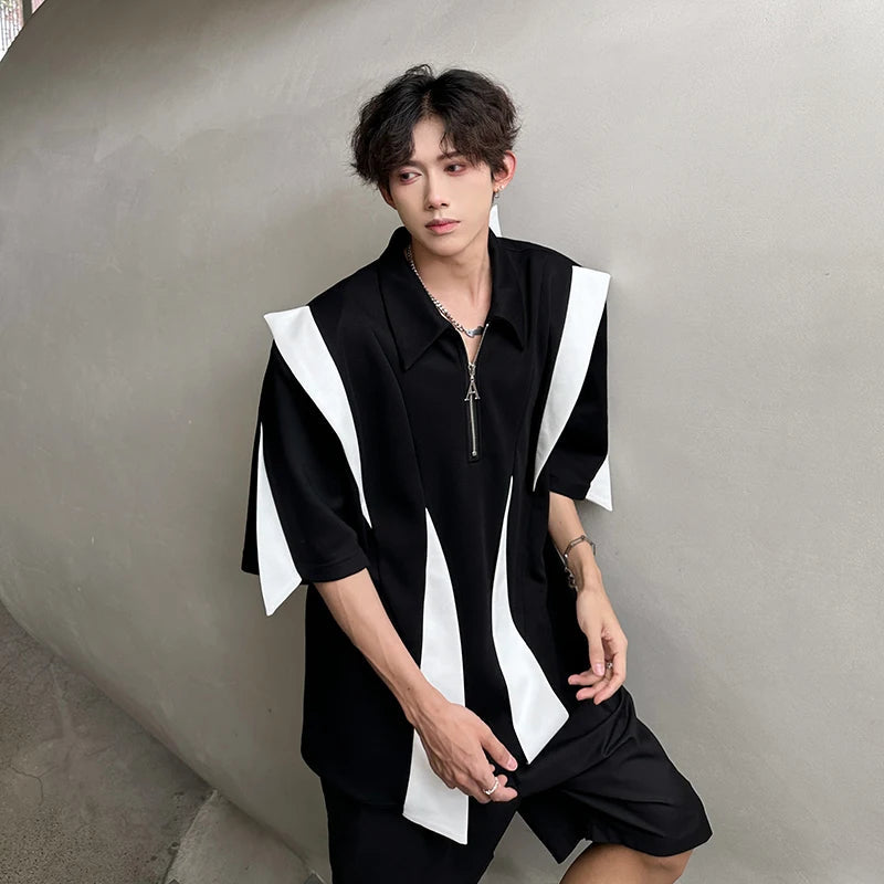 Laple T-Shirt men Urban Streetwear Polo Style Two-Tone Design Casual Summer Tee Y2K Trendy Oversized Top Breathable Cotton Blend voguable