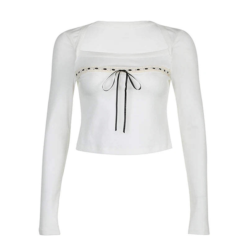 Voguable Cute Casual Ribbons Lace-up Bow Top Coquette Style Square Collar Long Sleeve T-shirts Korean Chic Basics Knitted Tops voguable