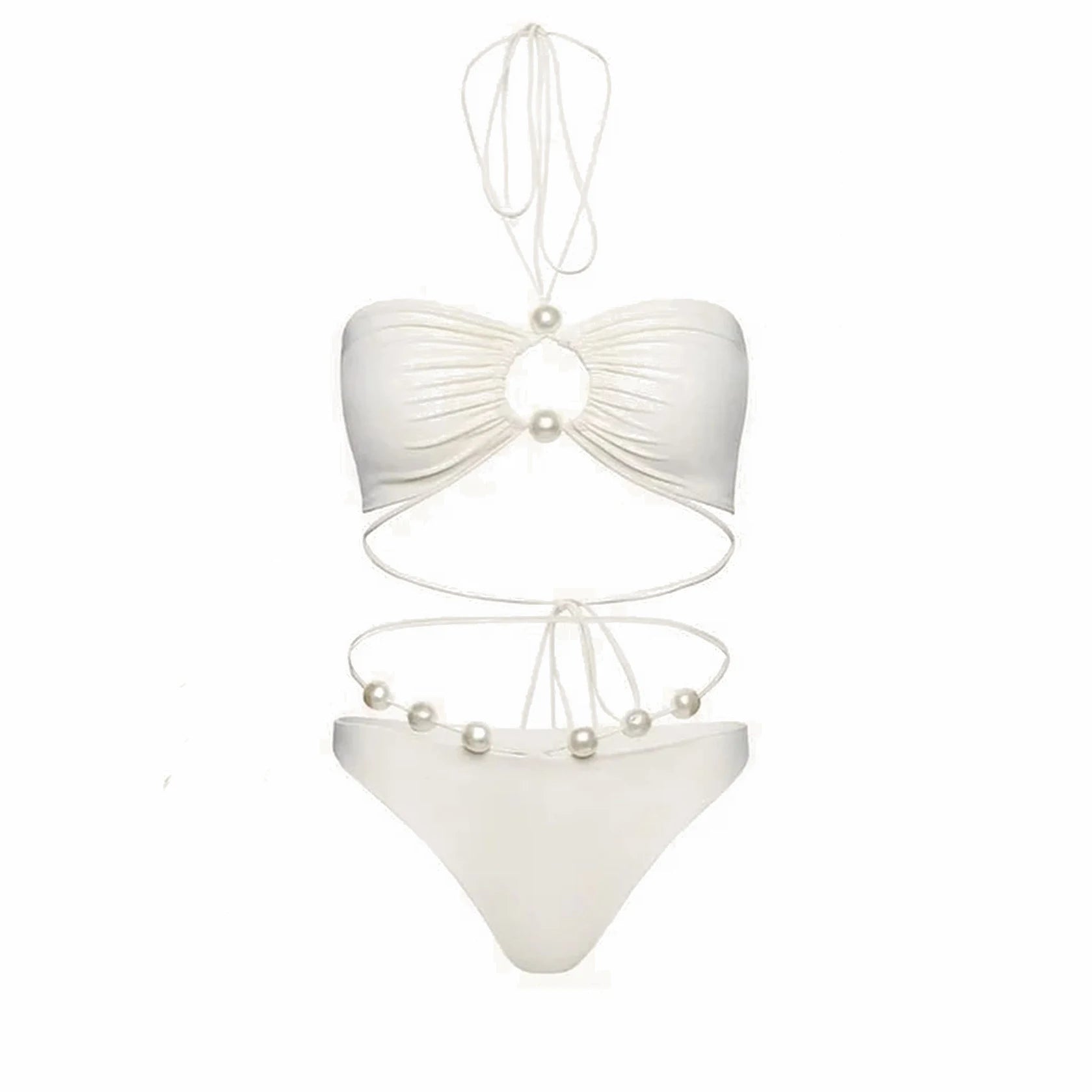 3Pcs Sexy Bikini Set With Cover Up Pearls White Swimsuit Women Halter Swimwear Female Off Shoulder Bathingsuit Biquini Beachwear voguable