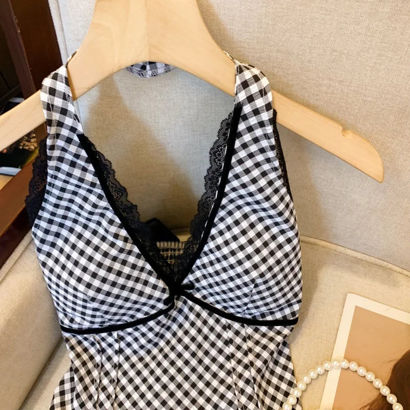 French Sweet Spicy Camis Hanging Neck Camisole Lace Patchwork Plaid Print Short Top Sexy Deep V-neck Bandage Halter Crop Tops voguable