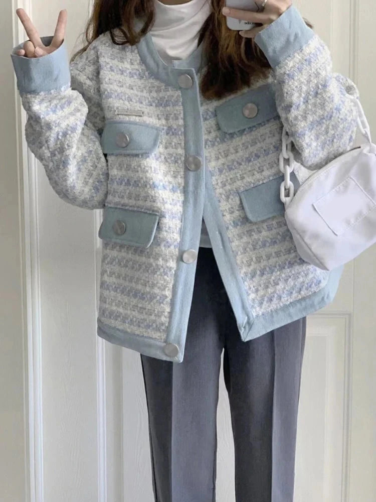 Fall Women Sweet Tweed Jacket Vintage Casual Long Sleeve Elegant Coat French Cute O Neck Women Fall Winter Retro Tops New voguable