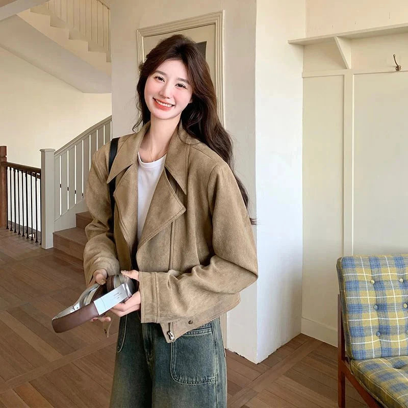 Retro Biker Faux Suede Jacket Women Fall Casual Long Sleeve Slim Short Coat Streetwear American Hip Hop Harajuku Tops New voguable