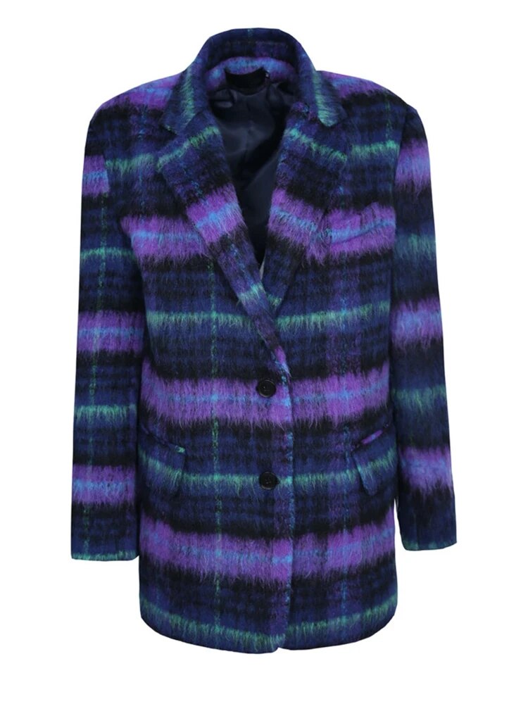 Loose Purple Plaid Casual Big Size Woolen Coat Parkas New Lapel Long Sleeve Women Fashion Tide Autumn Winter voguable