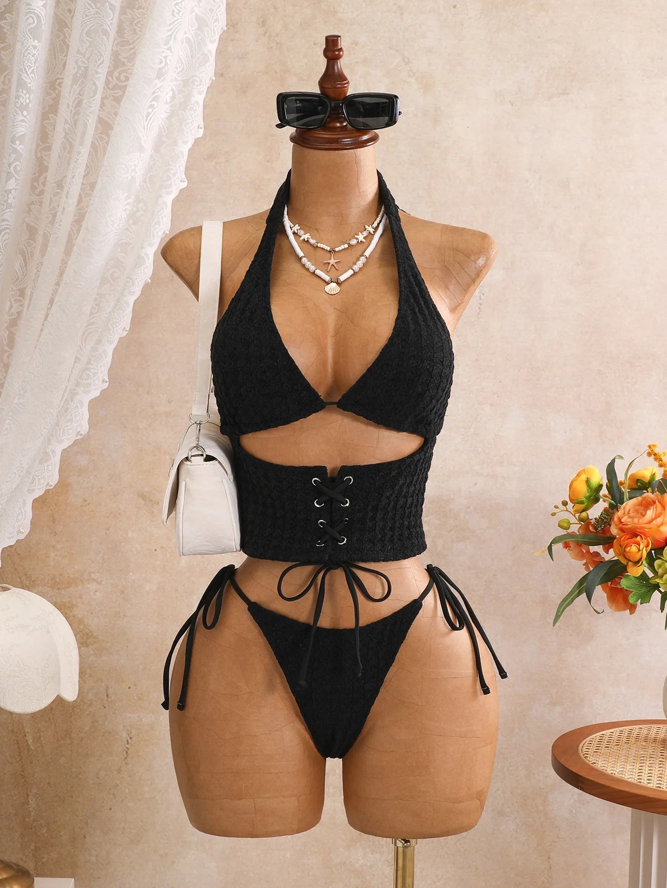 Voguable  Women Solid Textured Bubble Fabric 2 Piece Bikini Set Halter Triangle Lace Up Waist Corser Side Tie Thong Swim Beach Swimwear voguable