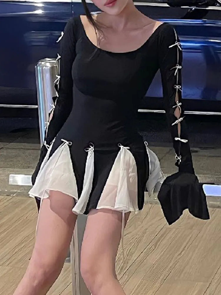 Lace Up High Waist Dress For Women Folds Splice Bodycon Mini Dress Hot Girls Street Slim See Through Dresses Woman Autumn voguable