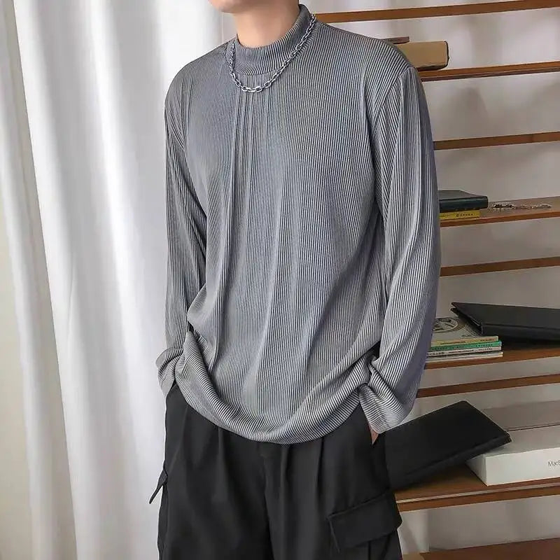 Long Sleeved T-shirt Men Casual Pleated T Shirt Men Japanese Streetwear Loose Ice Silk T Shirt Mens Stand Up Collar Tshirt voguable