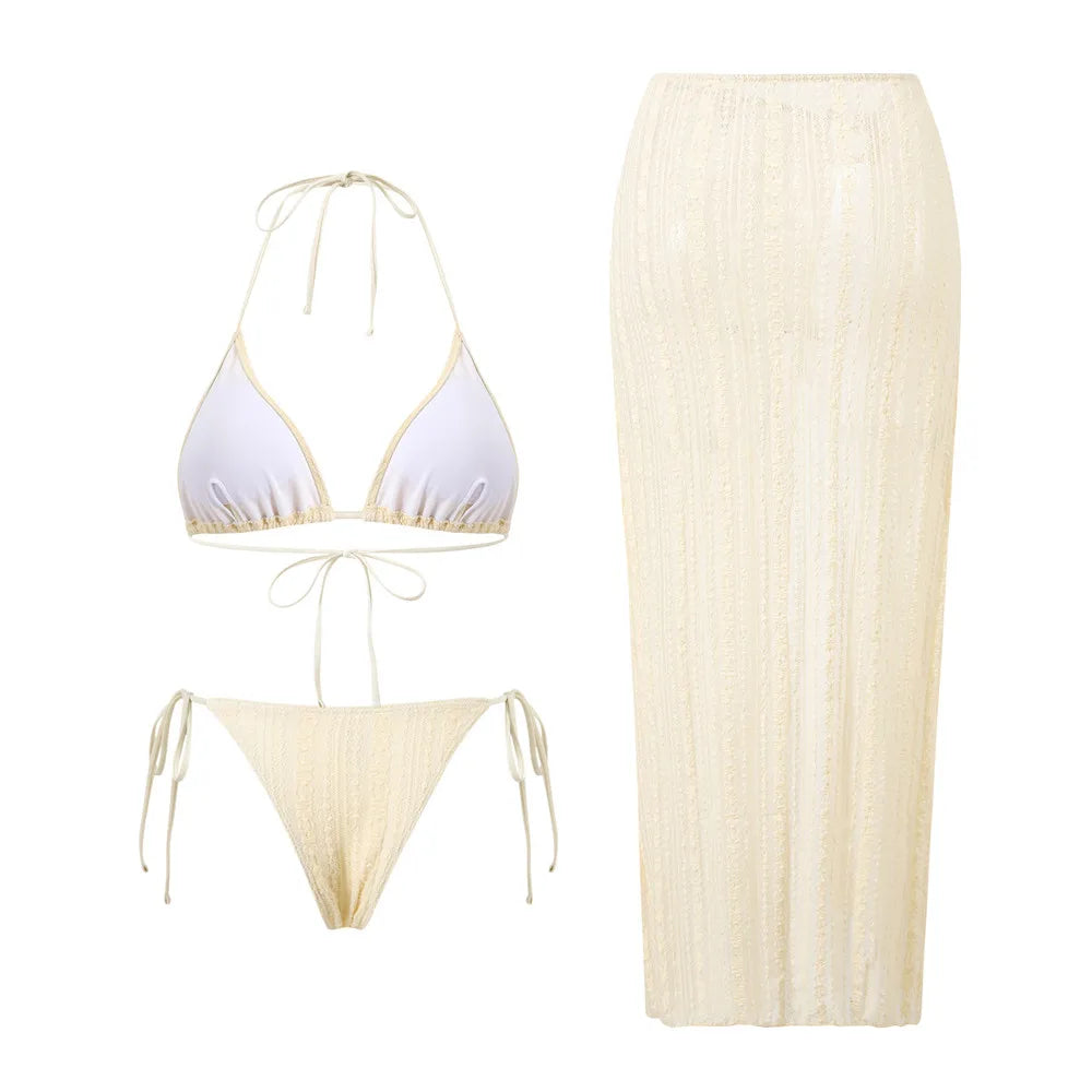 Voguable  Beige Lace Mesh Halter String Bikinis Sets 3 Pieces Cover Ups Holiday Swimwear Sexy Micro Thong Swimsuit Woman Beach Wear voguable