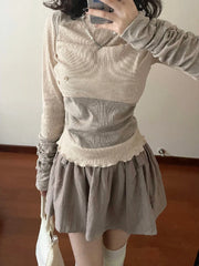Voguable Elegant Casual Outwear 2 Piece Skirt Set Woman Slim Bodycon Knitted Blouse + Sweet Y2k Mini Skirt Suit 2024 Spring Chic voguable