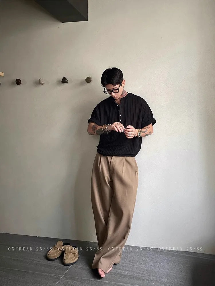 American High-end Henry Neck Short-sleeved T-shirt Men's Korean Hip Hop Tees 2025 Summer New Loose V-neck Trendy Cityboy Top voguable