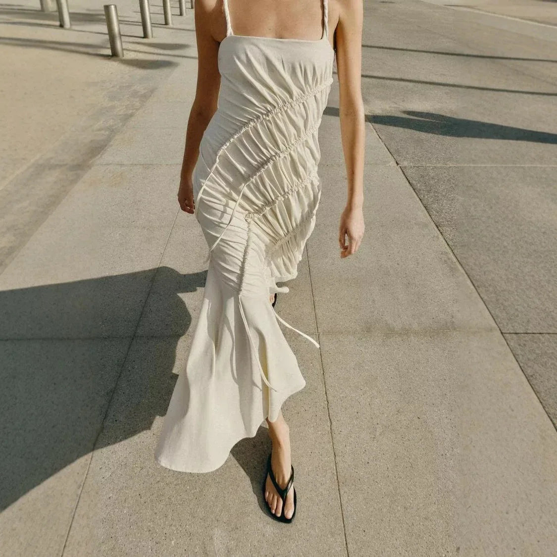 Voguable  French Style off Shoulder Slimming Midi Dress with Pleats for Women Beach Vacation Style Elastic Polyester Casual Dress voguable