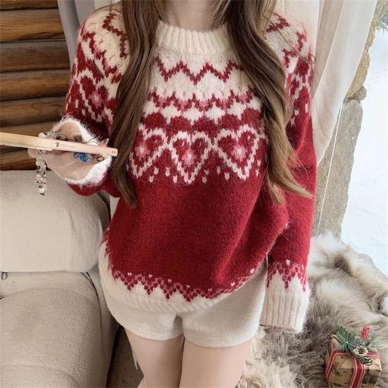 Women Retro Print Christmas Red Sweater O Neck Casual Long Sleeve Sweet Knitted Jumper Vintage Lazy Wind Loose Japan Cute Tops voguable